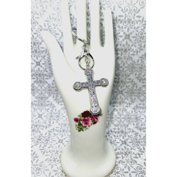 Silver Rhinestone Cross Keychain With Lobster Clasp 5” - Picture 1 of 1